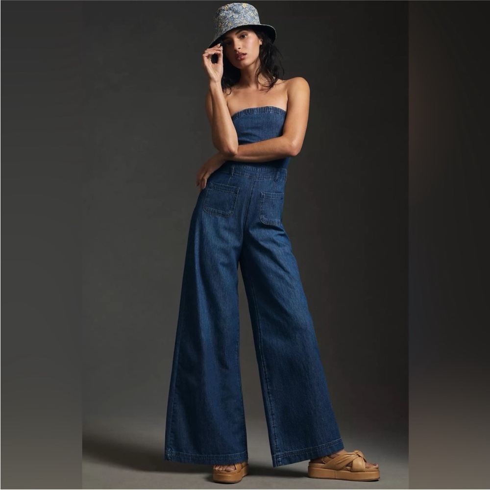 THE SKIPPER STRAPLESS DENIM WIDE-LEG JUMPSUIT BY PILCRO NWT